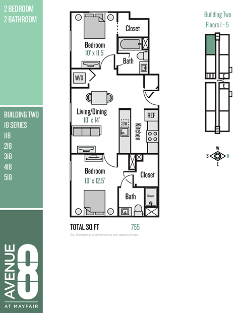 Floor plan for 2 beds, 2 baths, 755 sqft